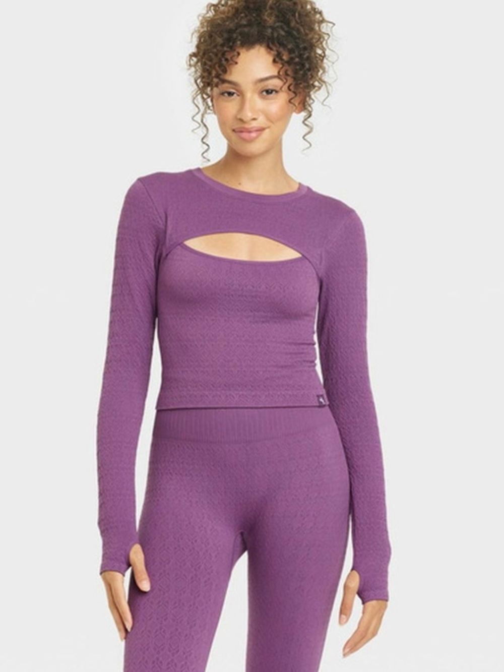 Women's Textured Seamless Long Sleeve Active Cutout Top JoyLab Berry Purple M - Picture 2 of 5